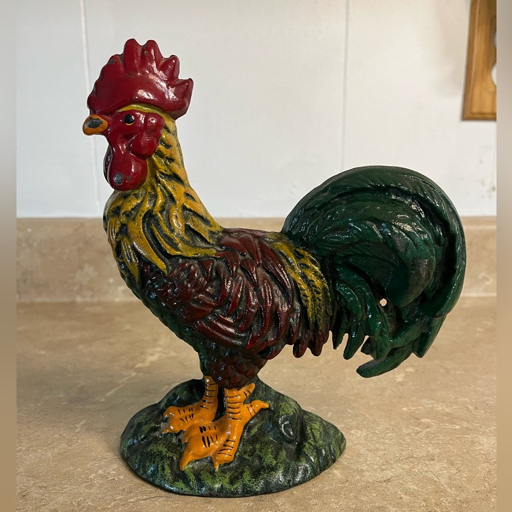 Decorative Cast Iron Red & Green Rooster Door Stopper - Farmhouse Home Art